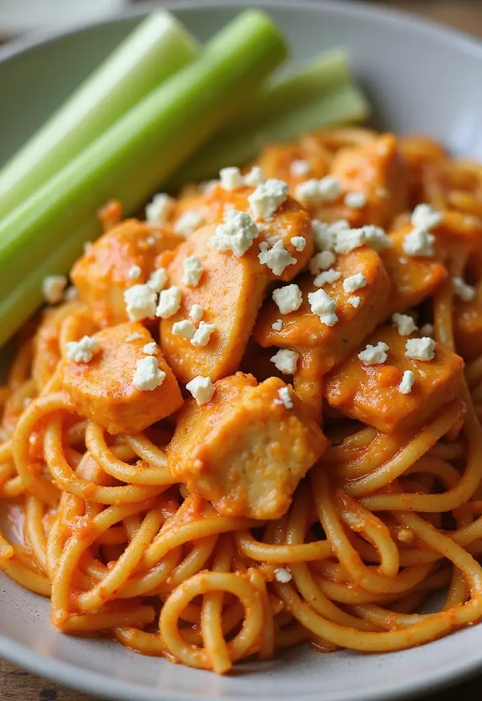 27 Chicken Noodle Stir Fry Recipes That Are Fast & Flavorful - 15. Buffalo Chicken Noodle Stir Fry