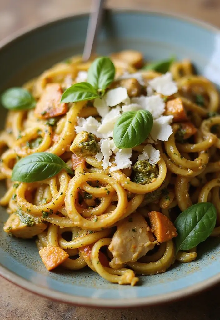 27 Chicken Noodle Stir Fry Recipes That Are Fast & Flavorful - 19. Pesto Chicken Noodle Stir Fry