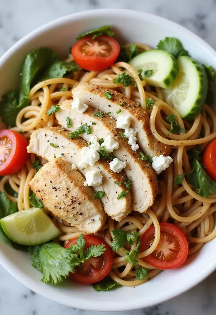27 Chicken and Noodle Recipes That Are Comfort in a Bowl - 21. Mediterranean Chicken Noodle Bowl
