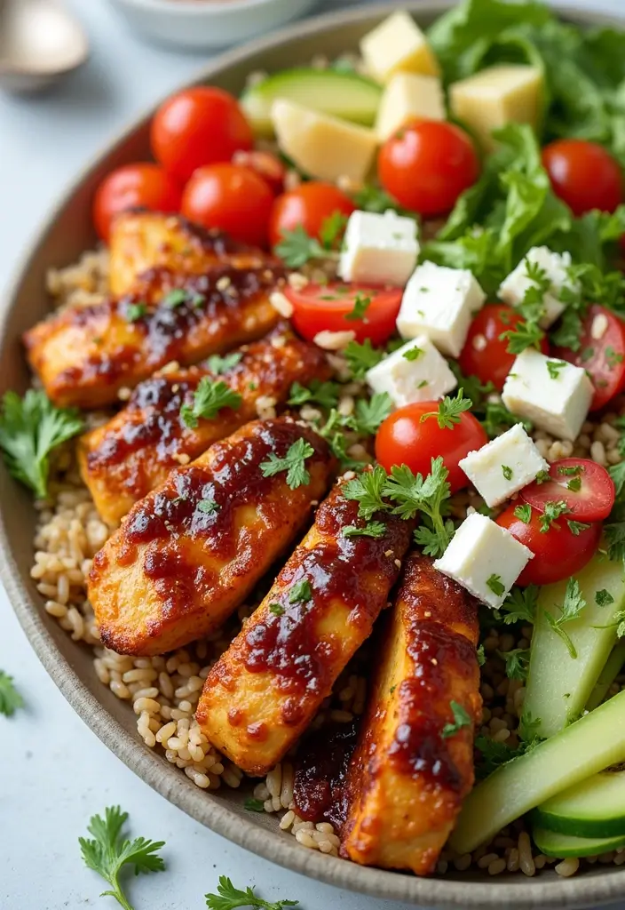 27 Honey BBQ Chicken and Rice Recipes That Are Sweet & Smoky - 10. Mediterranean Honey BBQ Chicken & Rice Salad