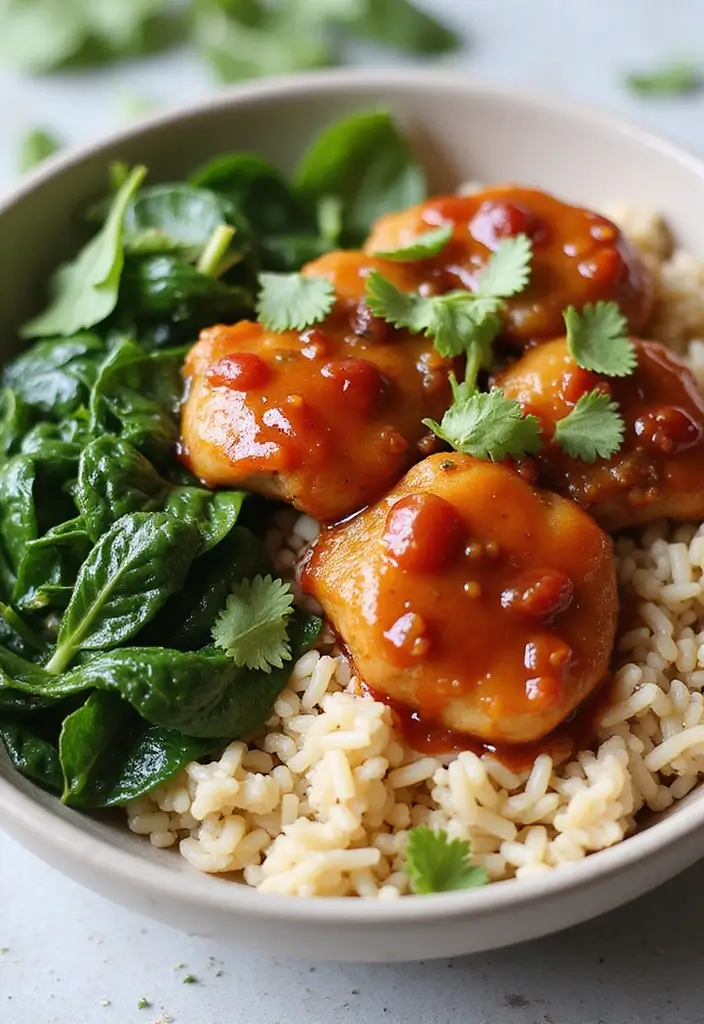 27 Honey BBQ Chicken and Rice Recipes That Are Sweet & Smoky - 15. Honey BBQ Chicken & Spinach Rice Bowl