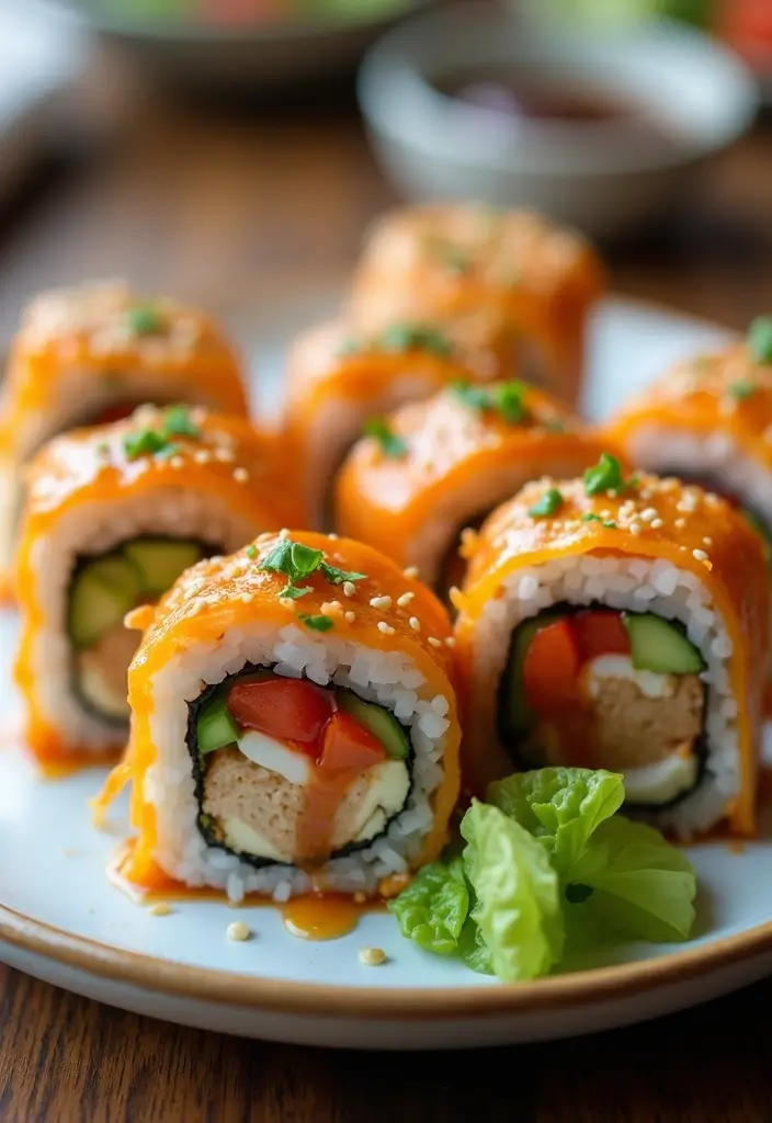 27 Honey BBQ Chicken and Rice Recipes That Are Sweet & Smoky - 16. Honey BBQ Chicken & Rice Sushi Rolls