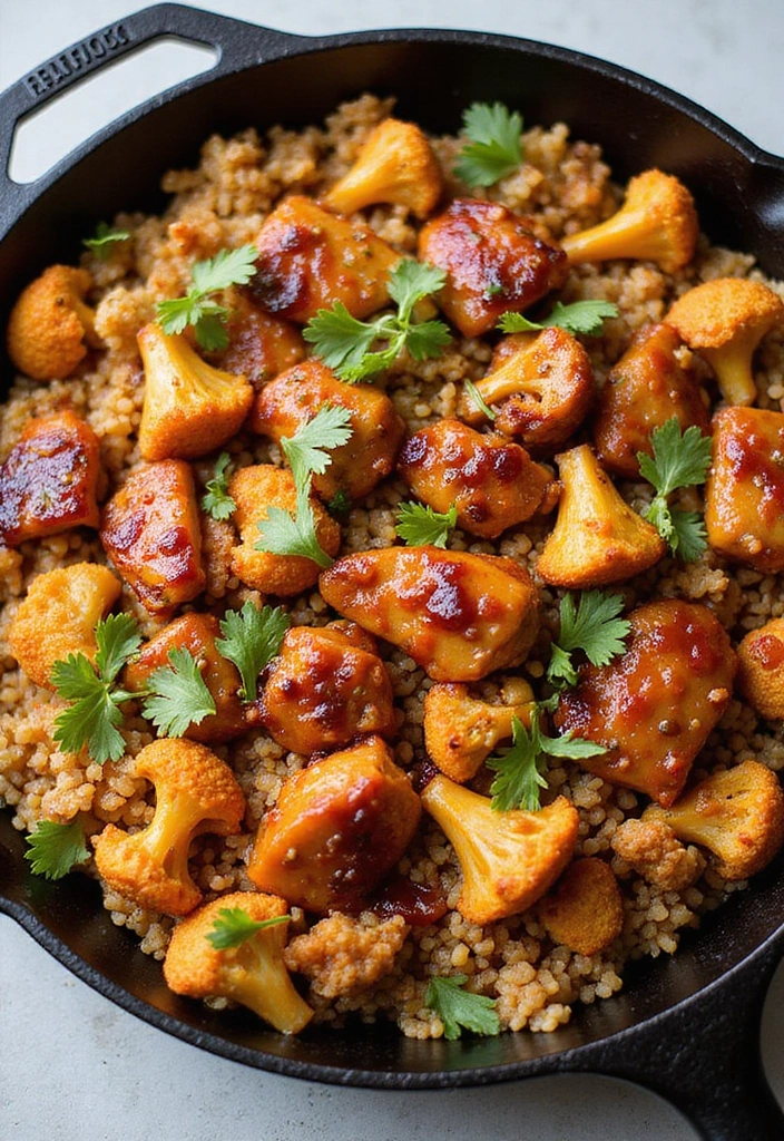 27 Honey BBQ Chicken and Rice Recipes That Are Sweet & Smoky - 17. Honey BBQ Chicken & Cauliflower Rice Skillet