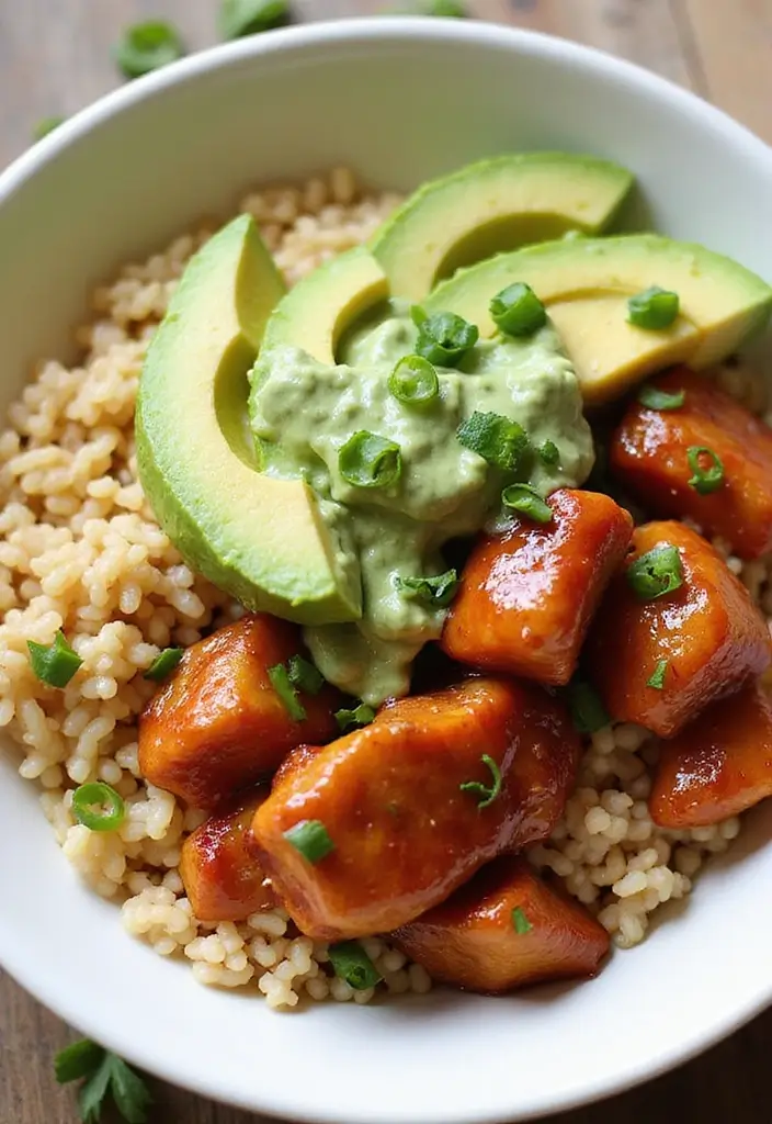 27 Honey BBQ Chicken and Rice Recipes That Are Sweet & Smoky - 24. Honey BBQ Chicken & Rice Bowls with Avocado Dressing