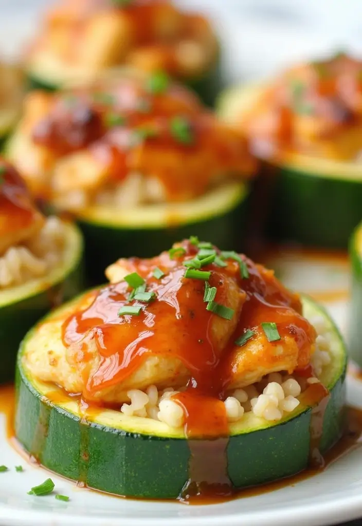 27 Honey BBQ Chicken and Rice Recipes That Are Sweet & Smoky - 25. Honey BBQ Chicken & Rice Stuffed Zucchini Boats