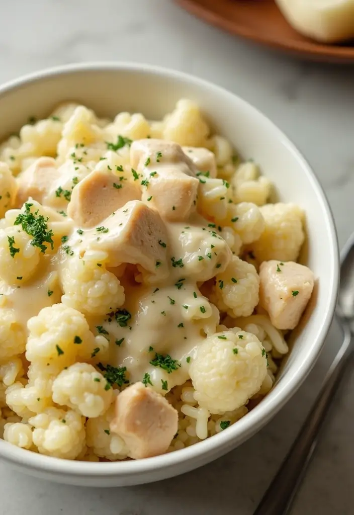 27 Low Carb Chicken Alfredo Recipes That Are Creamy and Filling - 15. Chicken Alfredo Riced Cauliflower Bowl