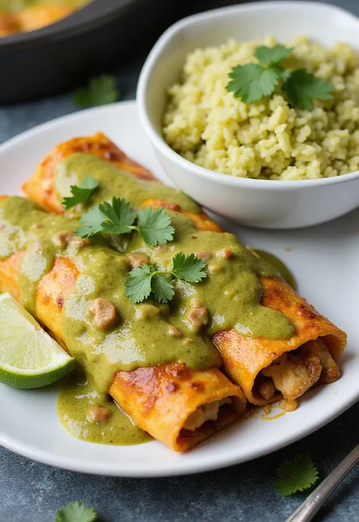 27 Salsa Verde Chicken Enchiladas Recipes That Are Cheesy & Tangy - 16. Salsa Verde Chicken Enchiladas with Cilantro Lime Rice
