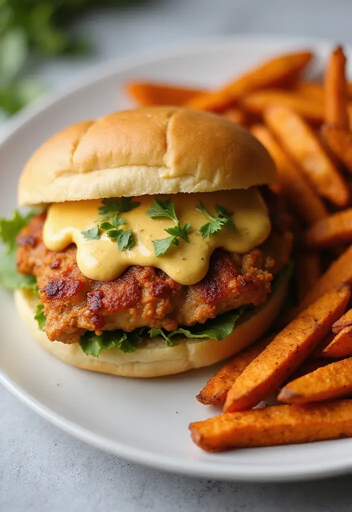 28 Honey Mustard Chicken Sandwich Recipes That Feel Caf�-Style 26 28 Honey Mustard Chicken Sandwich Recipes That Feel Caf�-Style - 25. Honey Mustard Chicken Sandwich with Sweet Potato Fries