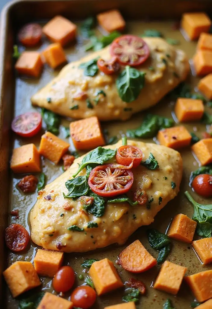 28 Sheet Pan Chicken and Sweet Potatoes Recipes That Are Fall Favorites - 12. Creamy Tuscan Chicken and Sweet Potatoes