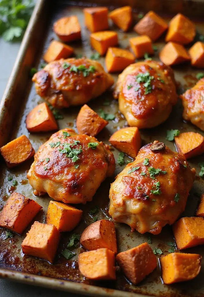 28 Sheet Pan Chicken and Sweet Potatoes Recipes That Are Fall Favorites - 14. Sweet and Spicy Chicken with Roasted Sweet Potatoes