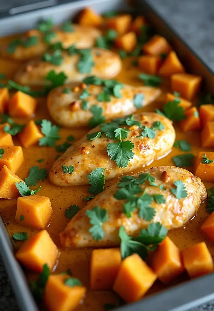 28 Sheet Pan Chicken and Sweet Potatoes Recipes That Are Fall Favorites - 15. Coconut Curry Chicken with Sweet Potatoes