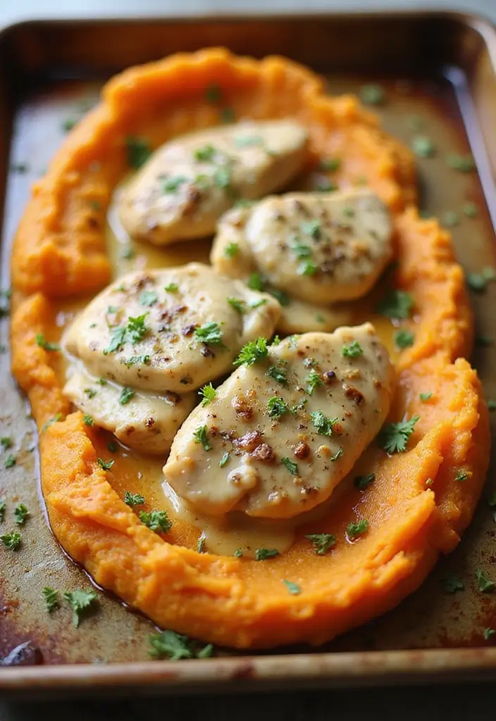 28 Sheet Pan Chicken and Sweet Potatoes Recipes That Are Fall Favorites - 17. Creamy Garlic Chicken with Sweet Potato Mash