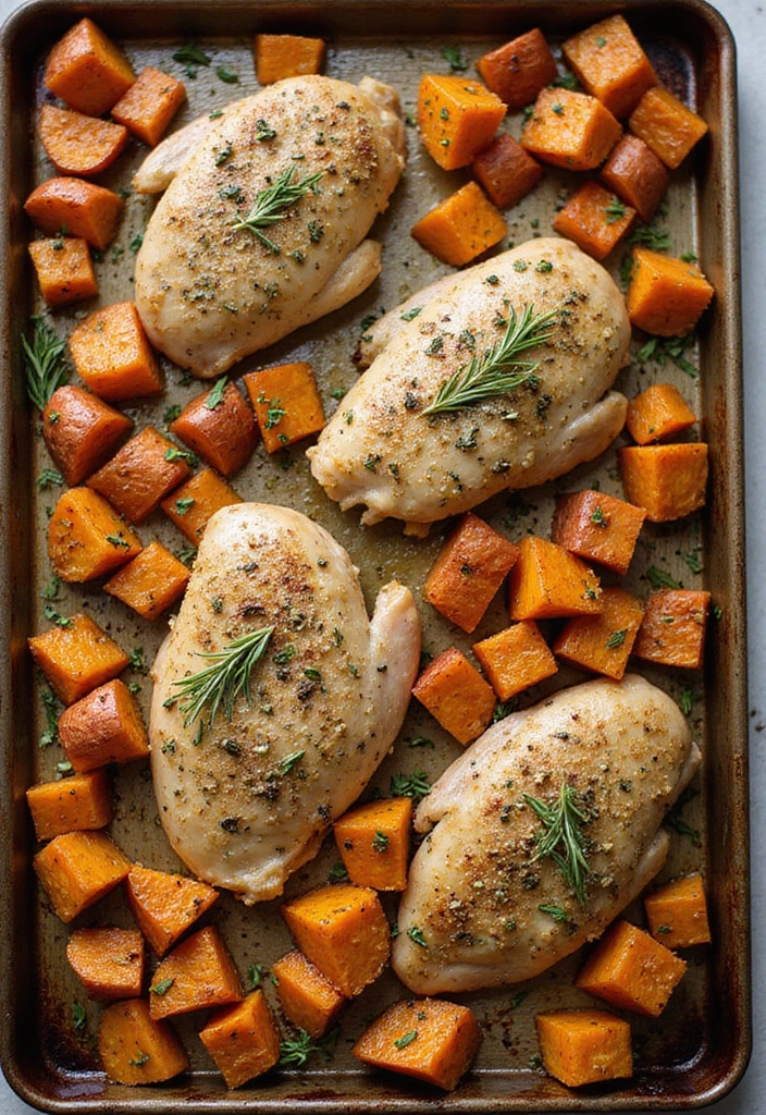 28 Sheet Pan Chicken and Sweet Potatoes Recipes That Are Fall Favorites - 2. Herb Roasted Chicken and Sweet Potatoes