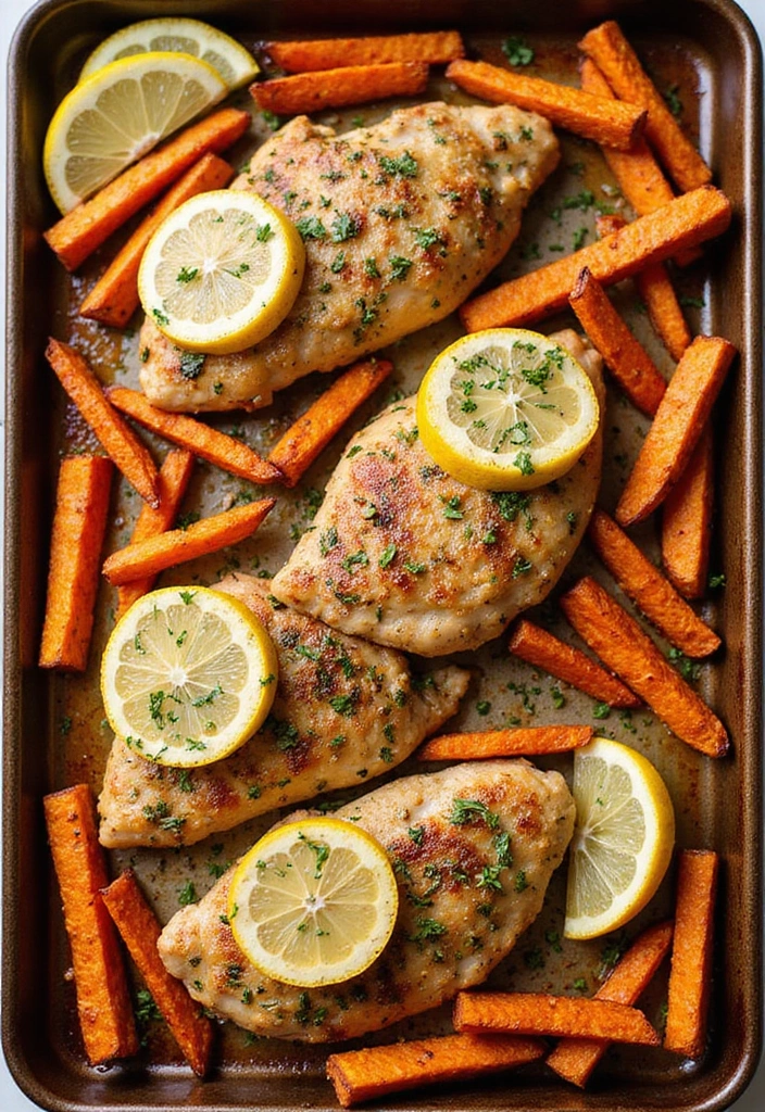 28 Sheet Pan Chicken and Sweet Potatoes Recipes That Are Fall Favorites - 20. Lemon Herb Chicken with Sweet Potato Fries
