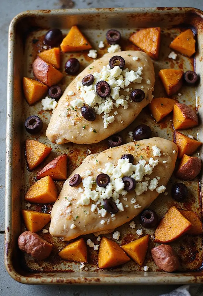28 Sheet Pan Chicken and Sweet Potatoes Recipes That Are Fall Favorites - 21. Mediterranean Chicken with Sweet Potatoes and Feta