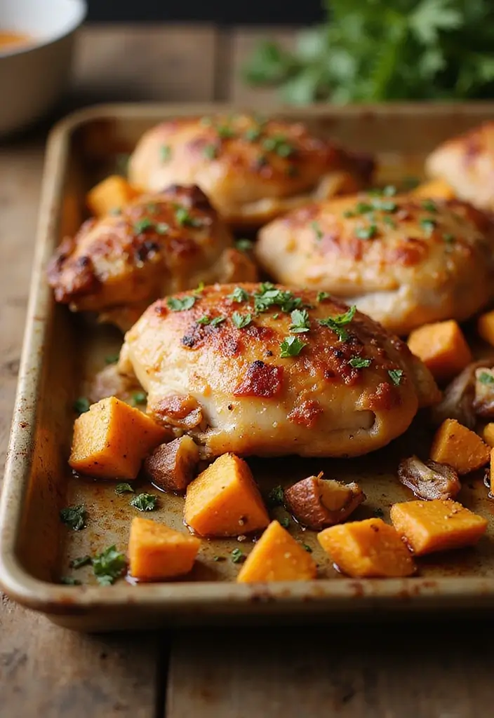 28 Sheet Pan Chicken and Sweet Potatoes Recipes That Are Fall Favorites - 22. Honey Garlic Chicken with Sweet Potatoes