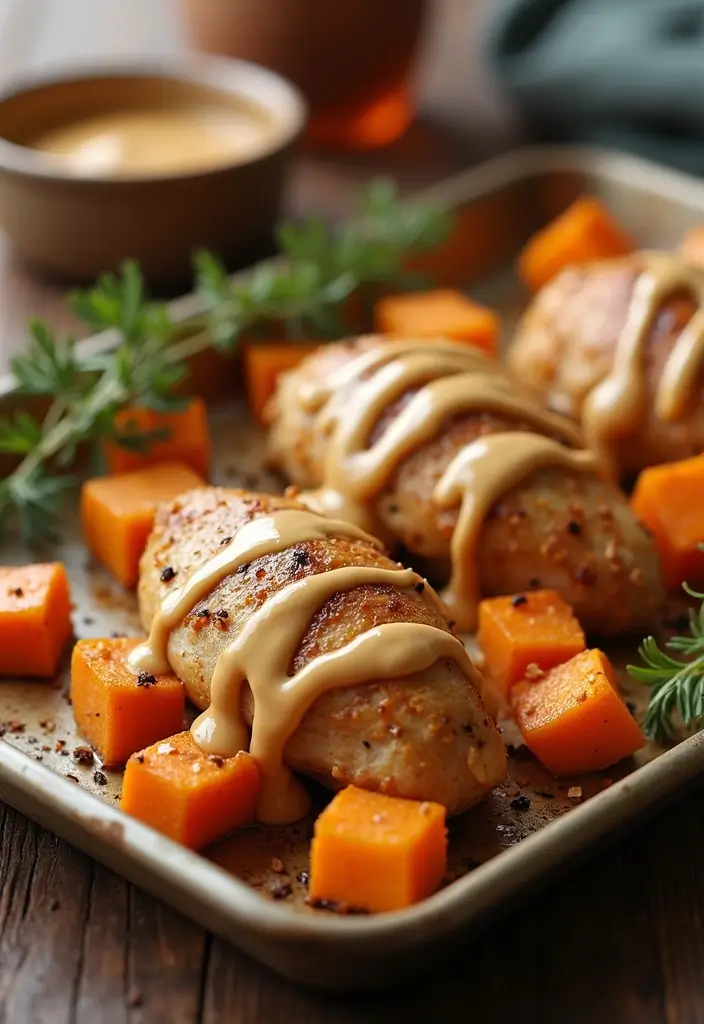 28 Sheet Pan Chicken and Sweet Potatoes Recipes That Are Fall Favorites - 23. Peanut Butter Chicken with Sweet Potatoes