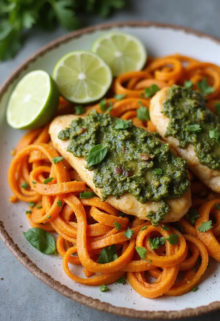28 Sheet Pan Chicken and Sweet Potatoes Recipes That Are Fall Favorites - 26. Pesto Chicken with Sweet Potato Noodles