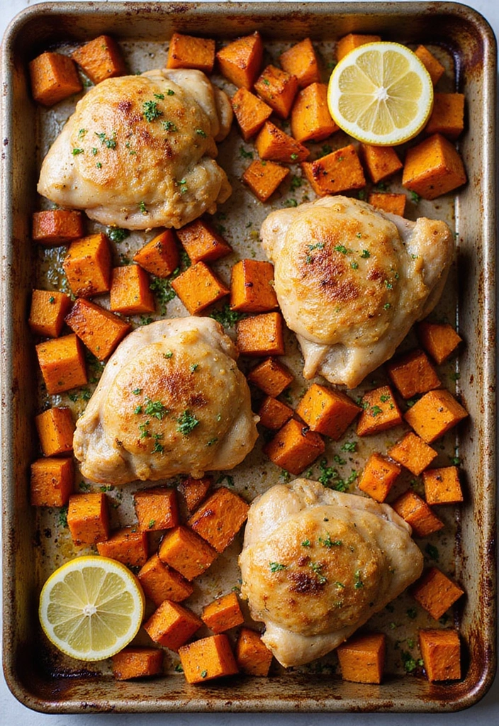 28 Sheet Pan Chicken and Sweet Potatoes Recipes That Are Fall Favorites - 3. Lemon Garlic Chicken and Sweet Potato Bake