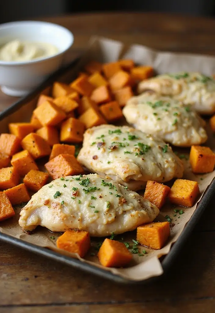 28 Sheet Pan Chicken and Sweet Potatoes Recipes That Are Fall Favorites - 6. Garlic Parmesan Chicken Thighs with Sweet Potatoes