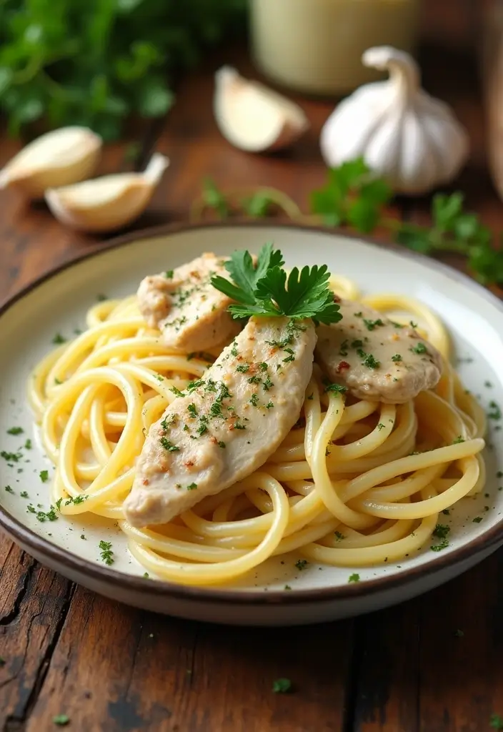 28 Shredded Chicken Pasta Recipes That Are Creamy & Comforting - 1. Creamy Garlic Chicken Pasta