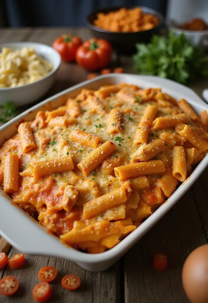 28 Shredded Chicken Pasta Recipes That Are Creamy & Comforting - 11. Buffalo Chicken Pasta Bake