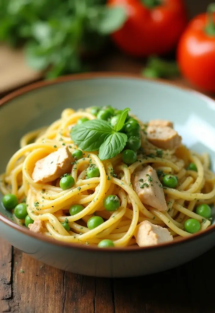 28 Shredded Chicken Pasta Recipes That Are Creamy & Comforting - 15. Creamy Chicken & Pea Pasta