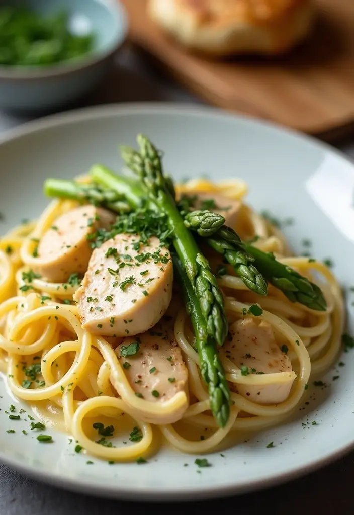 28 Shredded Chicken Pasta Recipes That Are Creamy & Comforting - 17. Creamy Chicken & Asparagus Pasta
