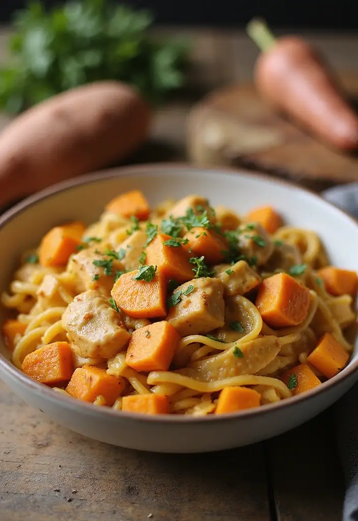 28 Shredded Chicken Pasta Recipes That Are Creamy & Comforting - 18. Creamy Sweet Potato Chicken Pasta