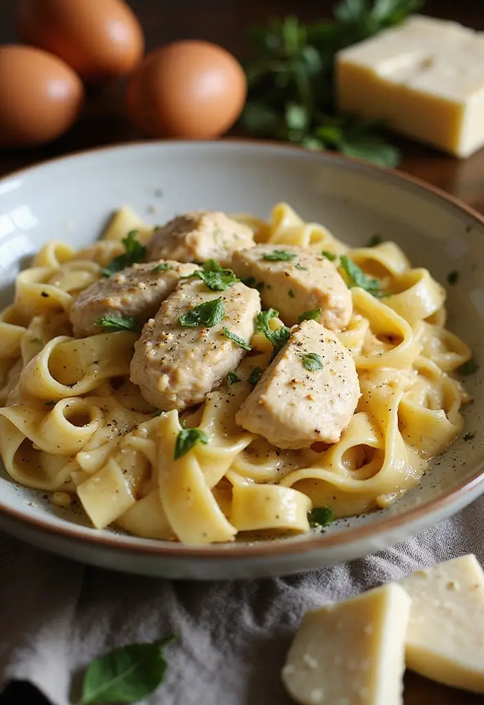28 Shredded Chicken Pasta Recipes That Are Creamy & Comforting - 19. Creamy Carbonara Chicken Pasta