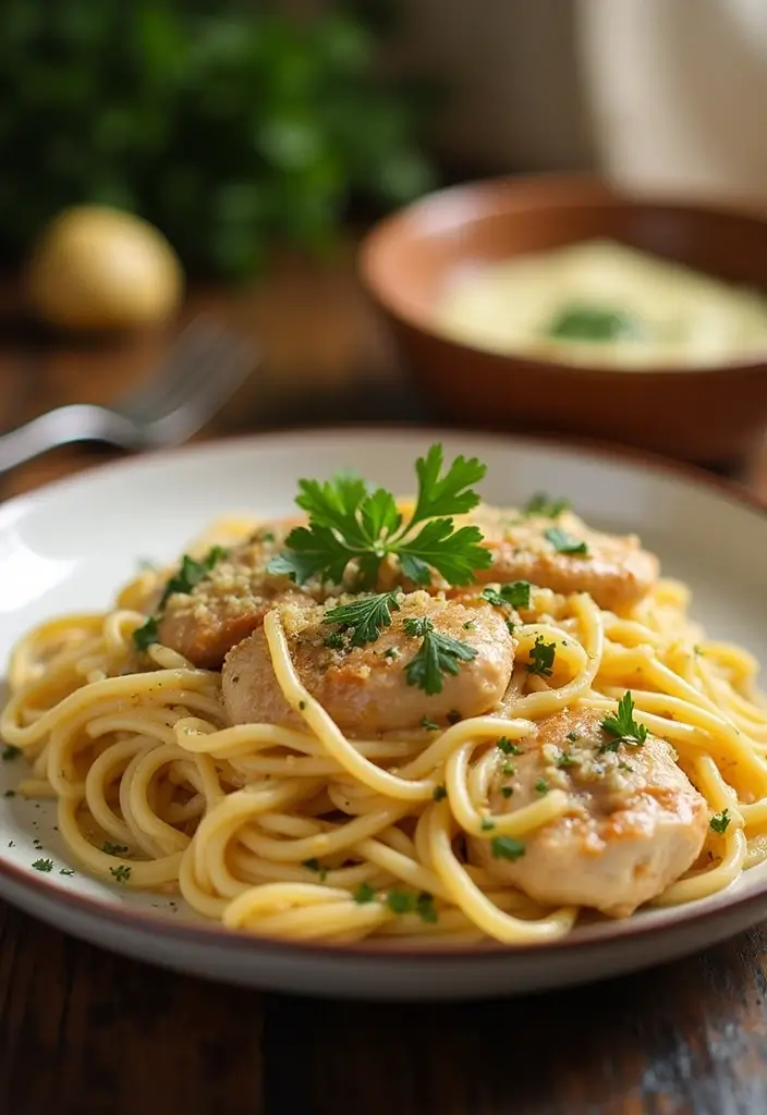 28 Shredded Chicken Pasta Recipes That Are Creamy & Comforting - 21. Creamy Garlic Parmesan Chicken Pasta