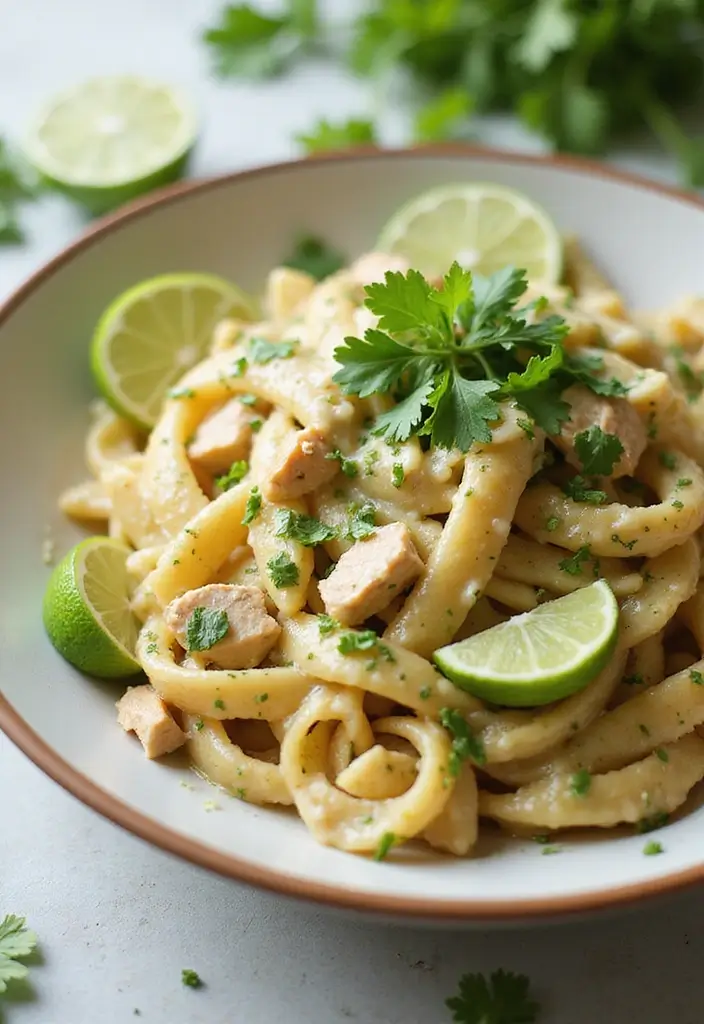 28 Shredded Chicken Pasta Recipes That Are Creamy & Comforting - 22. Creamy Cilantro Lime Chicken Pasta
