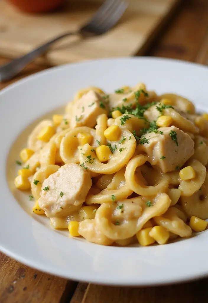 28 Shredded Chicken Pasta Recipes That Are Creamy & Comforting - 24. Creamy Chicken & Corn Pasta