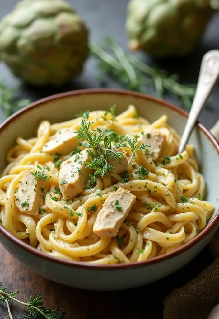 28 Shredded Chicken Pasta Recipes That Are Creamy & Comforting - 25. Creamy Chicken & Artichoke Pasta
