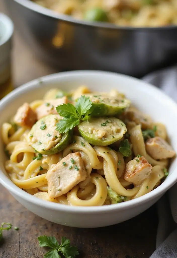 28 Shredded Chicken Pasta Recipes That Are Creamy & Comforting - 27. Creamy Chicken & Brussels Sprout Pasta