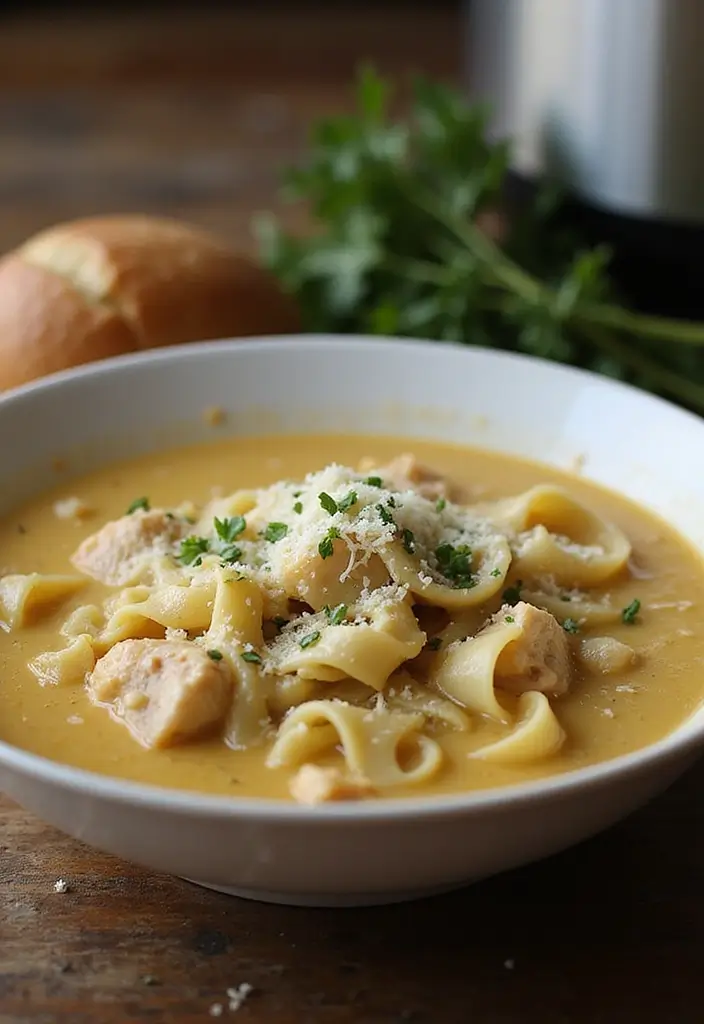 29 Chicken Noodle Soup Creamy Recipes That Warm You from Within - 28. Creamy Garlic Parmesan Chicken Noodle Soup