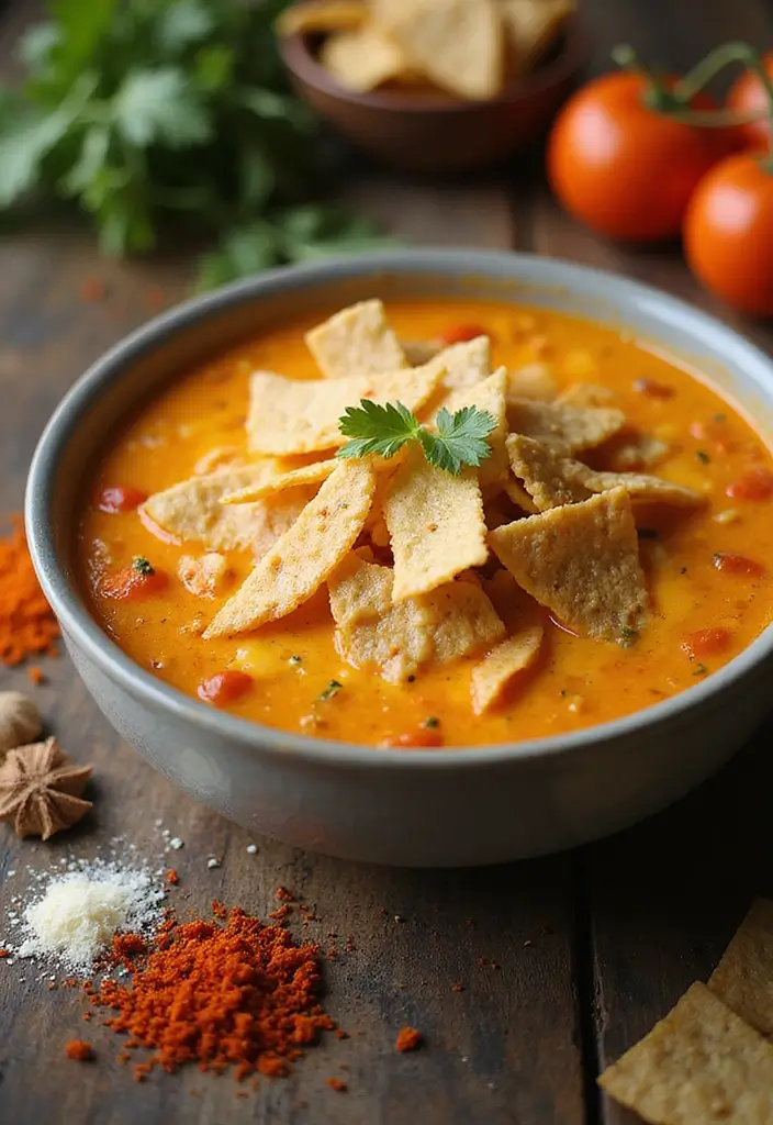 30 Cheesy Chicken Enchilada Soup Recipes That Are Creamy & Spicy - 9. Cheesy Chicken Enchilada Soup with Tortilla Strips