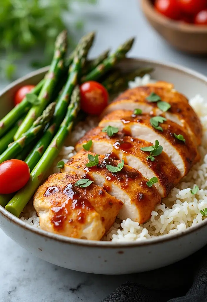 30 Chicken and Rice Aesthetic Bowls That Are Healthy & Gorgeous - 15. Balsamic Chicken Rice Bowl with Asparagus