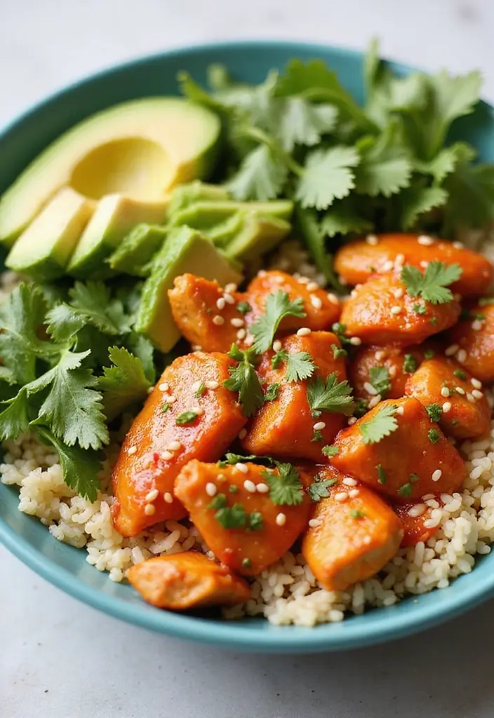30 Chicken and Rice Aesthetic Bowls That Are Healthy & Gorgeous - 2. Spicy Sriracha Chicken and Cilantro Lime Rice