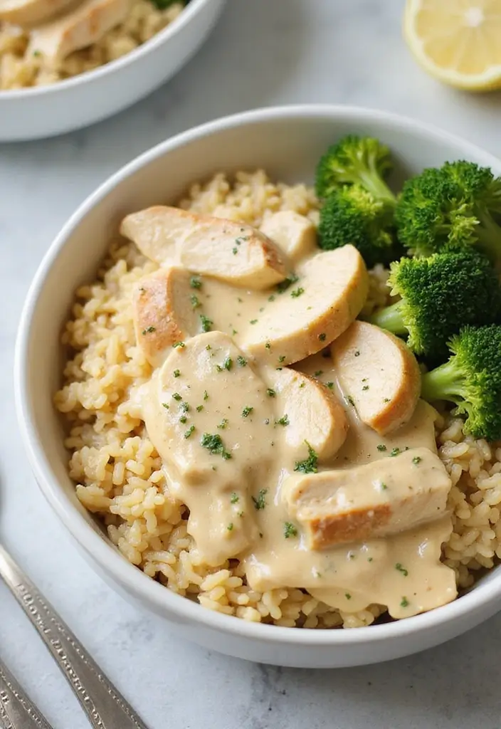 30 Chicken and Rice Aesthetic Bowls That Are Healthy & Gorgeous - 27. Chicken Alfredo Rice Bowl