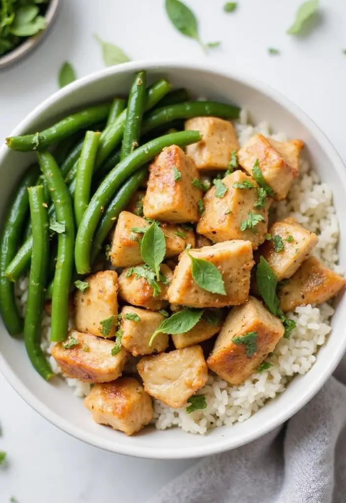 30 Chicken and Rice Aesthetic Bowls That Are Healthy & Gorgeous - 28. Chicken and Green Bean Rice Bowl