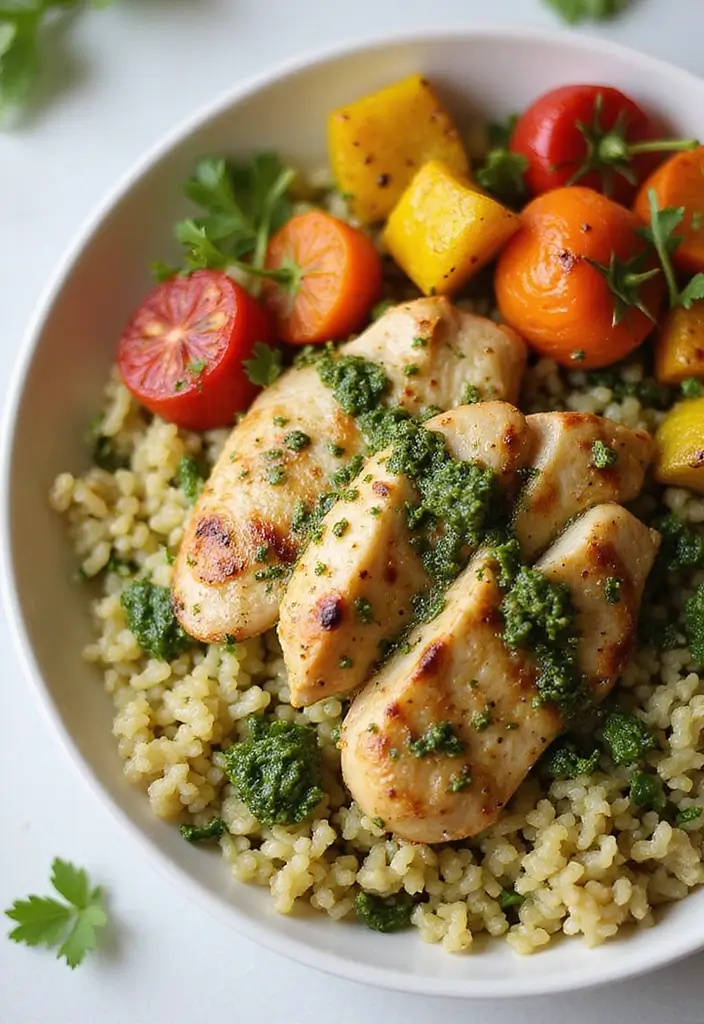 30 Chicken and Rice Aesthetic Bowls That Are Healthy & Gorgeous - 8. Pesto Chicken and Rice Bowl with Roasted Veggies
