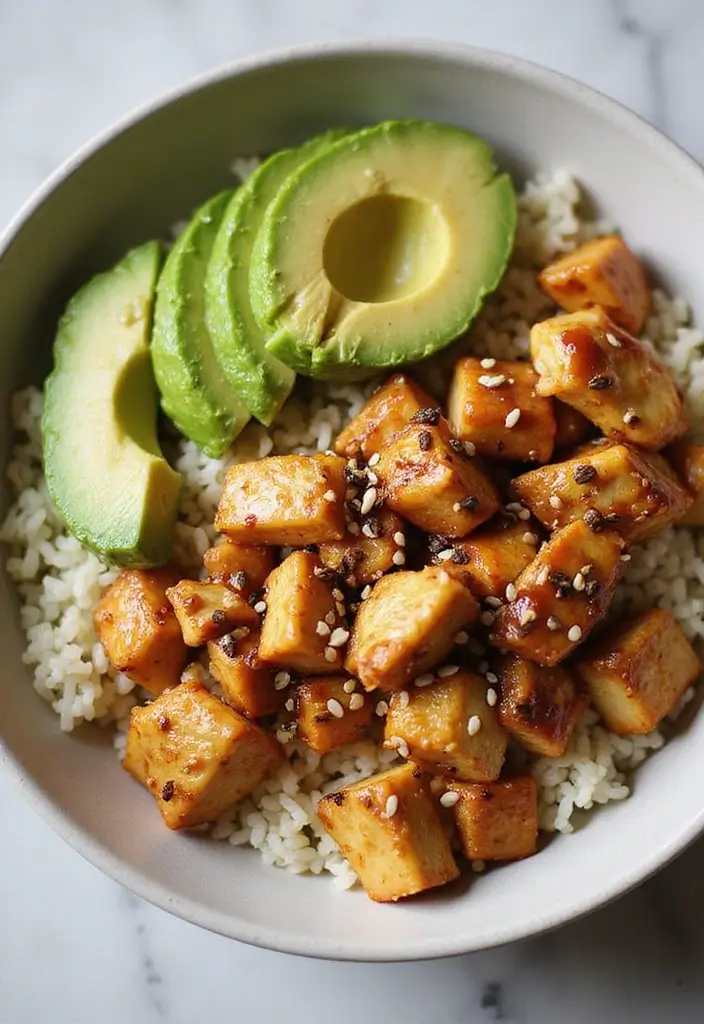 30 Chicken and Rice Aesthetic Bowls That Are Healthy & Gorgeous - 9. Miso Chicken and Avocado Rice Bowl