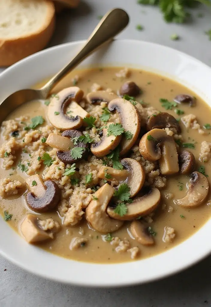 30 Ground Chicken Soup Recipes That Are Hearty & Nourishing 12 30 Ground Chicken Soup Recipes That Are Hearty & Nourishing - 3. Creamy Ground Chicken Mushroom Soup