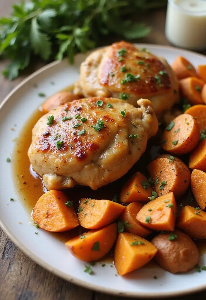 30 Honey Garlic Chicken Thighs Recipes That Are Sticky & Tender - 13. Honey Garlic Chicken Thighs with Sweet Potatoes