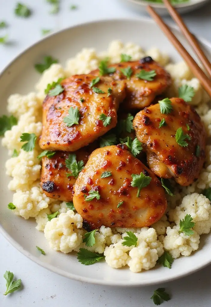 30 Honey Garlic Chicken Thighs Recipes That Are Sticky & Tender - 14. Honey Garlic Chicken Thighs with Cauliflower Rice