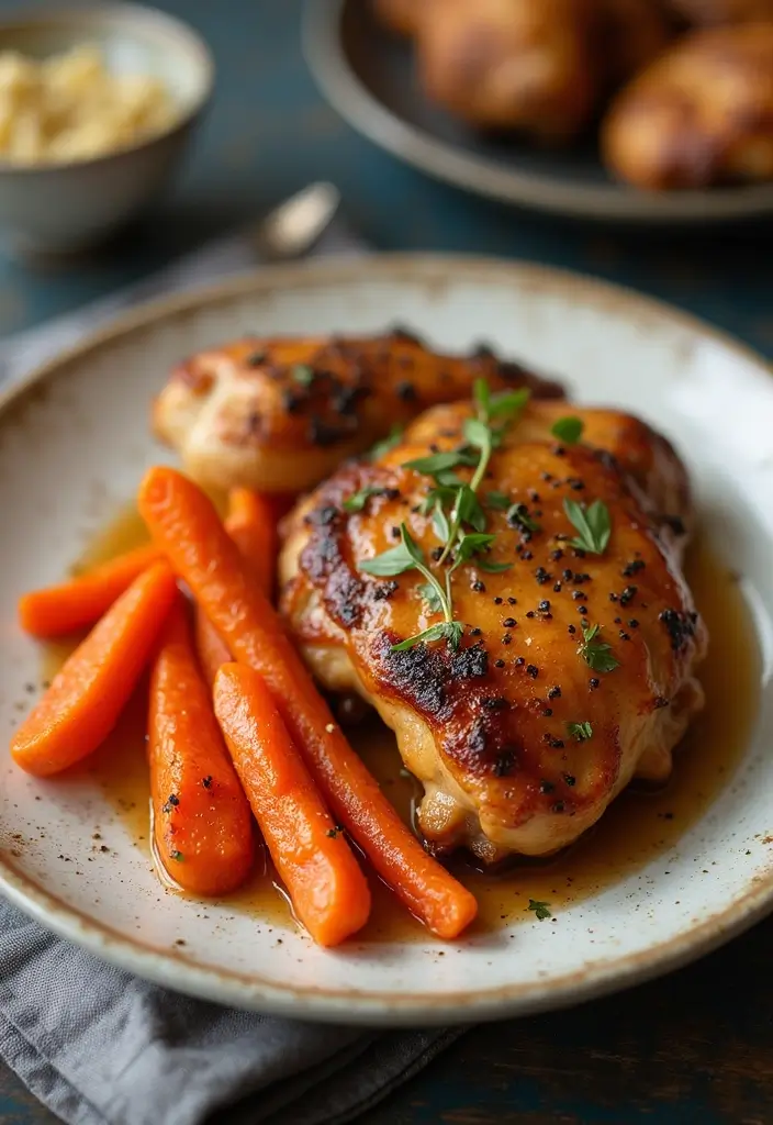 30 Honey Garlic Chicken Thighs Recipes That Are Sticky & Tender - 22. Honey Garlic Chicken Thighs with Carrots