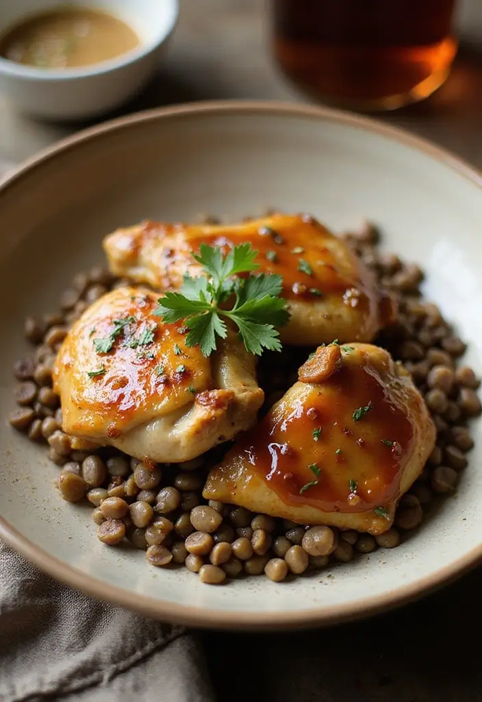 30 Honey Garlic Chicken Thighs Recipes That Are Sticky & Tender - 23. Honey Garlic Chicken Thighs with Lentils