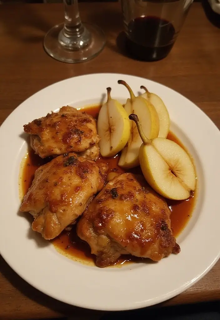 30 Honey Garlic Chicken Thighs Recipes That Are Sticky & Tender - 26. Honey Garlic Chicken Thighs with Pears