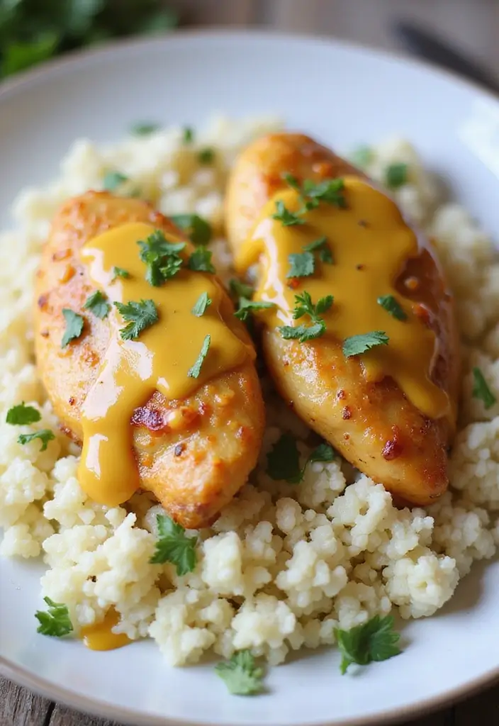 30 Honey Mustard Chicken Crockpot Recipes That Are Sweet & Savory - 14. Honey Mustard Chicken with Cauliflower Rice
